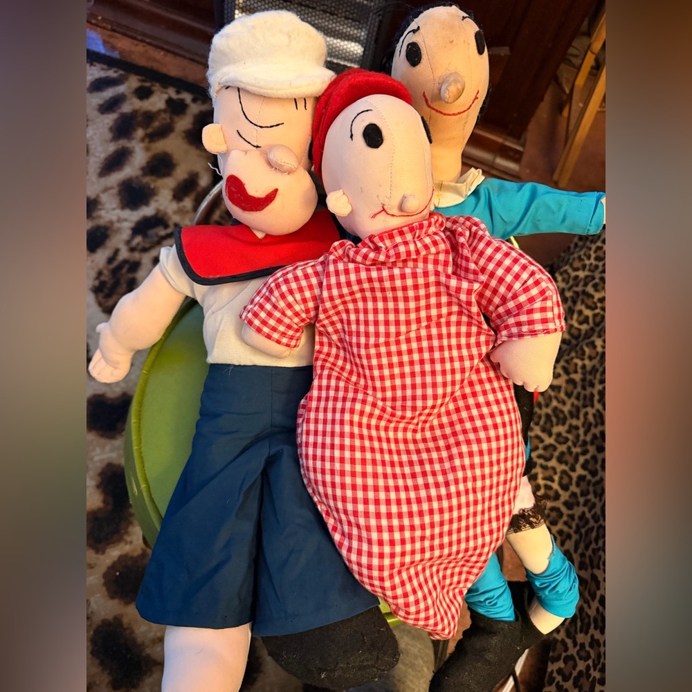 Popeye and family (3) Vintage 1985 handmade dolls.